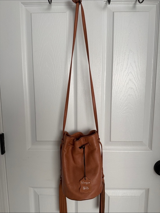 margot Handbags - Margot Pebbled Leather Bucket Crossbody in Cognac